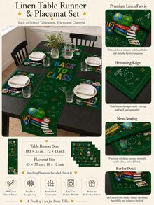 1 pieza - Juego de camino de mesa y manteles individuales de vuelta a la escuela, decoración de mesa de lino verde con mochila, libros, globo terráqueo, despertador y estilo de pizarra para fiesta de aula y comedor del hogar - Multicolor - Ver 2