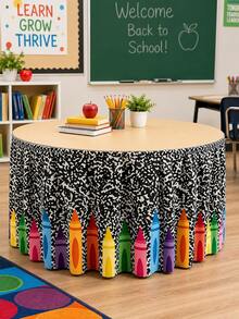 1件裝返校季圓桌裙，黑色作文本風格彈性桌布，彩色蠟筆邊框，教室圖書館閱讀區裝飾，適用教師桌與學校派對 - 彩色 - 查看 5