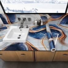 1 Rollo de Papel Tapiz Autoadhesivo de Lujo con Patrón de Mármol Azul y Borde Dorado, Textura de Onda de Moda, Papel Tapiz Autoadhesivo Impermeable y Removible, Adecuado para Decoración de Paredes de Dormitorio, Sala de Estar, Cocina, Baño, Encimera, Gabinete, Decoración del Hogar, Pegatina de Escritorio - Deep Blue Wave 1 unidad - Ver 13