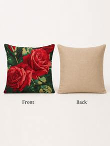 1pc Red Rose Linen Pillow Cover Only, Floral Decorative Cushion Case For Sofa Bedroom Living Room, 18x18/20x20/24x24 Inch Optional - 彩色 - 查看 4
