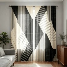 2 pièces Rideaux à lignes géométriques contrastées noir & beige, rideaux imprimés unilatéraux de style minimaliste moderne, rideaux à impression plate 2D, translucides, avec poche pour tringle, sans doublure, rideaux géométriques, décoration de fenêtre pour salon, chambre, bureau, rideaux uniquement, sans accessoires - Multicolore - Voir 6