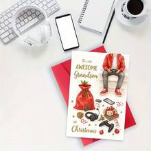 1pc Awesome Grandson Christmas Card With Gaming Additions And Gifts Illustration, Perfect For Holiday Gifts, Unique Festive Design For Grandsons - Red Pearlescent Envelope + Greeting Card - View 9