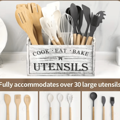 1pc LDQ Rustic Wooden Kitchen Utensil Holder - 3-Compartment Countertop And Wall-Mounted Organizer, Suitable For Forks, Spoons, Cake Sifters, Etc. - Space-Saving Multipurpose Storage For Kitchen And Pantry, Perfect For Christmas And Halloween Decor, Kitchen Storage Supplies
