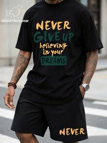 Men's  T-Shirt And Shorts Set For Everyday Comfort And Style Never Give Up Print Set,Men Camisas Para Hombre Funny Shirts Printed  Men Tops For Summer - 黑色上衣 - 查看 1