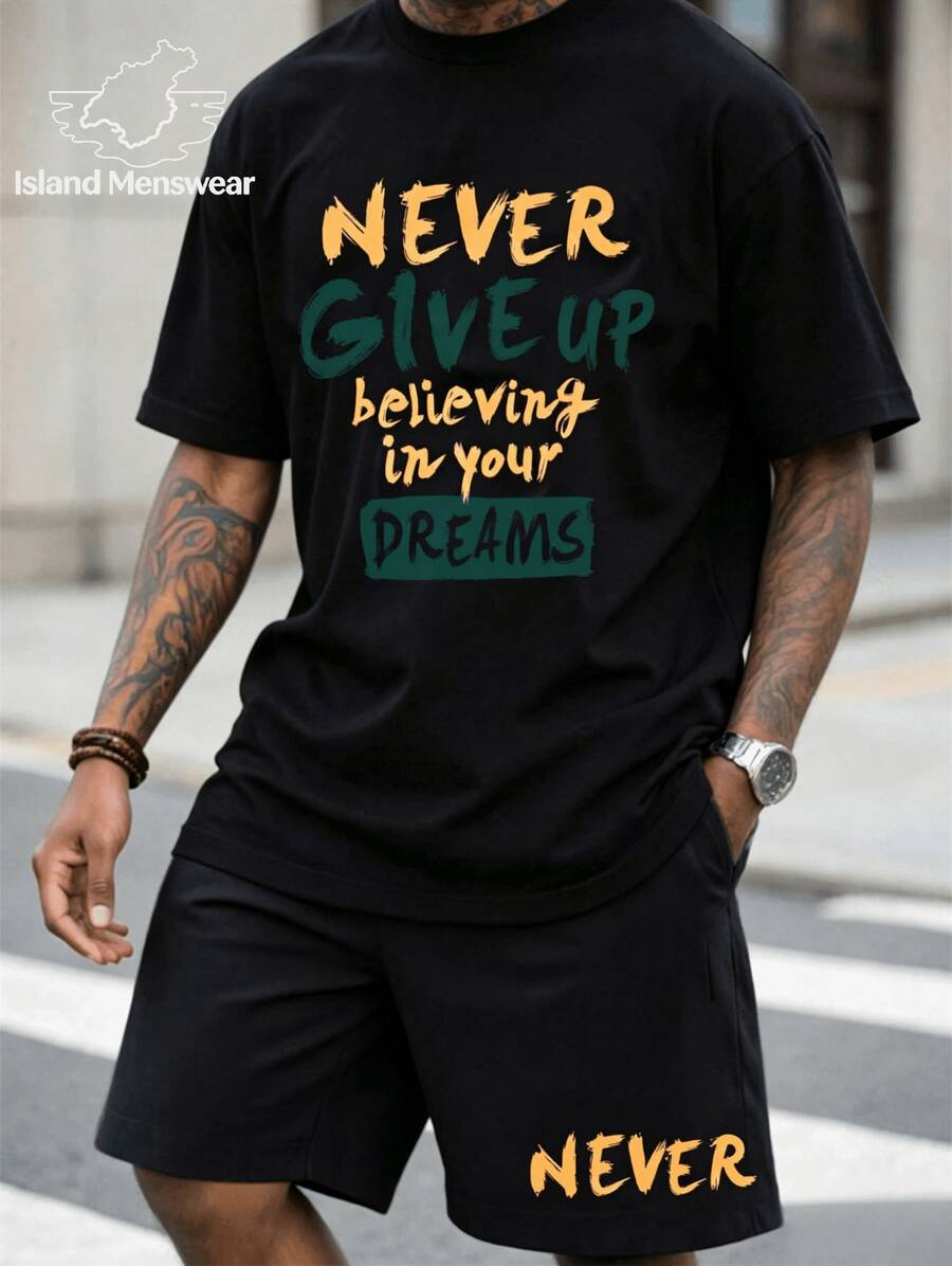 Men's T-Shirt And Shorts Set For Everyday Comfort And Style Never Give Up Print Set,Men Camisas Para Hombre Funny Shirts Printed Men Tops For Summer - 黑色上衣 - 查看 1