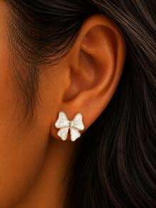 1 Pair Gold Elegant Enamel Bow Stud Earrings For Women, Minimalist Sweet Design, Suitable For Daily Commute And Party Wear - bow earrings - View 6