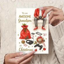1pc Awesome Grandson Christmas Card With Gaming Additions And Gifts Illustration, Perfect For Holiday Gifts, Unique Festive Design For Grandsons - Red Pearlescent Envelope + Greeting Card - View 8