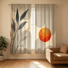 2pcs Wabi-Sabi Style Abstract Curtains, Sun And Black Line Arc, Dark Green Plant Leaf Pattern, 2D Flat Print Design, Translucent, Bedroom Living Room Study Universal Artistic Atmosphere Curtains, Curtains Only, Accessories Not Included - Multicolor - View 11