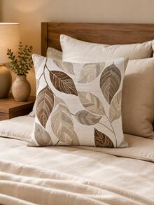 1pc Brown Beige Leaf Linen Pillow Cover Only, Botanical Throw Cushion Case For Sofa Bed Home Decor, 18x18/20x20/24x24 Inch Optional - 卡其色 - 查看 6