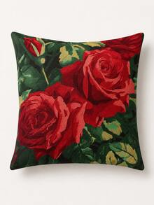 1pc Red Rose Linen Pillow Cover Only, Floral Decorative Cushion Case For Sofa Bedroom Living Room, 18x18/20x20/24x24 Inch Optional - 彩色 - 查看 2