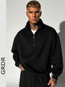 GRDR Men's Solid Color Long Sleeve Zip-Up Pullover Sweatshirt, Autumn/Winter - Black - View 5
