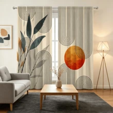 2pcs Wabi-Sabi Style Abstract Curtains, Sun And Black Line Arc, Dark Green Plant Leaf Pattern, 2D Flat Print Design, Translucent, Bedroom Living Room Study Universal Artistic Atmosphere Curtains, Curtains Only, Accessories Not Included - Multicolor - View 7