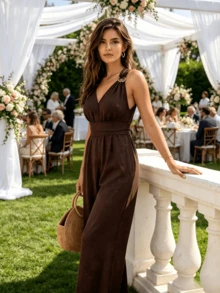 Halter V-Neck Wide Leg Jumpsuit, Jumpsuits For Woman,Elegant Backless Tie Waist Linen Jumpsuit For Wedding Guest, Summer Party & Cocktail - Brown - View 2