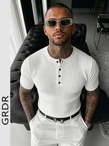 GRDR 男士夏季亨利领条纹针织短袖衬衫，适合简约百搭的上衣搭配 - 白色 - 查看 2