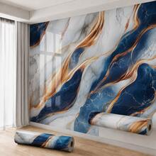 1 Rollo de Papel Tapiz Autoadhesivo de Lujo con Patrón de Mármol Azul y Borde Dorado, Textura de Onda de Moda, Papel Tapiz Autoadhesivo Impermeable y Removible, Adecuado para Decoración de Paredes de Dormitorio, Sala de Estar, Cocina, Baño, Encimera, Gabinete, Decoración del Hogar, Pegatina de Escritorio - Deep Blue Wave 1 unidad - Ver 3