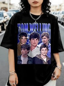 Tom Welling Shirt, Vintage-Stil, bedrucktes T-Shirt mit grafischem, strukturiertem Textdesign - Schwarz - Übersicht 1