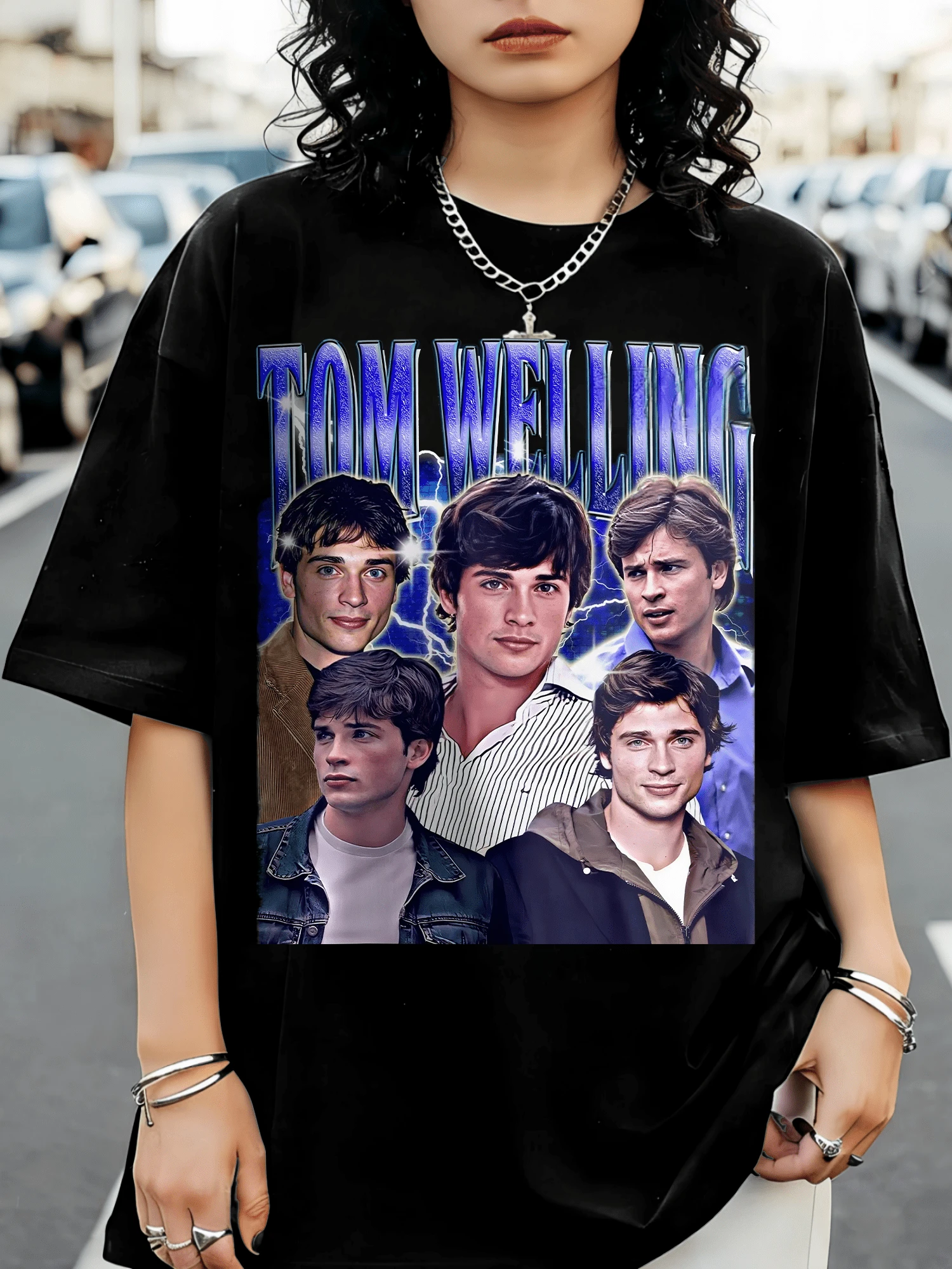 Tom Welling Shirt, Vintage-Stil, bedrucktes T-Shirt mit grafischem, strukturiertem Textdesign - Schwarz - Übersicht 1