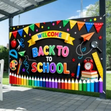 1pc Back To School Theme Banner, Colorful Pencil & Star Design, Classroom Office Wall Decor, Home Party Banner, Photography Backdrop, First Day Of School Photo Booth Prop, School Party Supplies - A - View 6