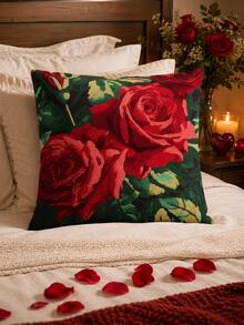 1pc Red Rose Linen Pillow Cover Only, Floral Decorative Cushion Case For Sofa Bedroom Living Room, 18x18/20x20/24x24 Inch Optional - 彩色 - 查看 6