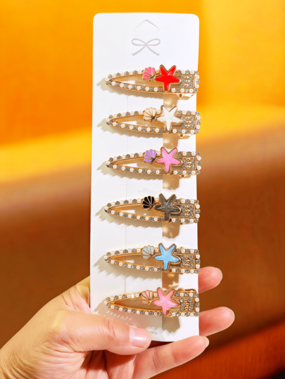 1pc/6pcs Shiny Palace Style Zinc Alloy Girl Style Starfish Shell Rhinestone Hair Clip Side Clip Bangs Clip Exquisite Internet Celebrity Hair Accessory Alligator Hair Clip,Claw Clips