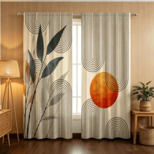 2pcs Wabi-Sabi Style Abstract Curtains, Sun And Black Line Arc, Dark Green Plant Leaf Pattern, 2D Flat Print Design, Translucent, Bedroom Living Room Study Universal Artistic Atmosphere Curtains, Curtains Only, Accessories Not Included - Multicolor - View 8