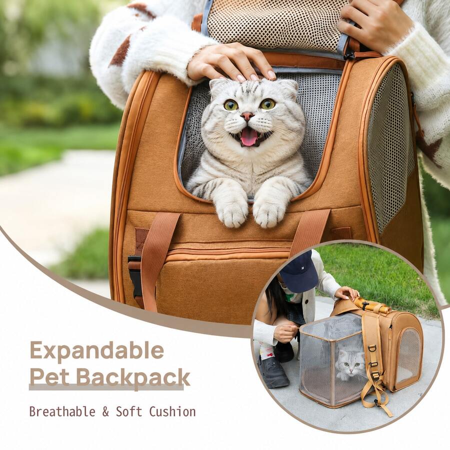 Airline Approved Expandable Cat Backpack Carrier - Breathable 4-Sided Mesh Ventilation And Lockable Zipper