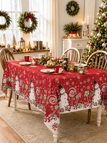 1 pieza - Mantel navideño rojo con patrón de muñeco de nieve, piruleta y copo de nieve, mantel universal impermeable redondo y rectangular, decoración de mesa para cena navideña en interiores, accesorio de decoración festiva para hogar, cocina y restaurante - Multicolor - Ver 9