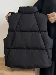 1pc Tween Girl Solid Color Zipper Front Vest Winter Coat, Suitable For Outdoor Play And Home Wear In Autumn/Winter - Black - View 2
