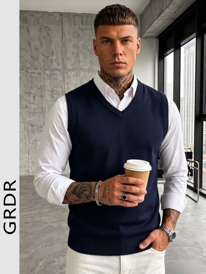  GRDR Men's Solid Color V-Neck Elegant Fashion Knitted Vest, Autumn/Winter