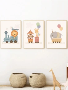 1pc Framed Canvas Wall Art, Circus Train Animal Children's Room Decor Painting, Lion In Steam Train Carriage, Monkey And Giraffe In Carnival Carriage, And Party Elephant Holding Balloon On Cream Background, Bohemian Style Neutral Nursery Gallery Wall Decor, Ready To Hang Framed Art Set, Suitable For Toddler Bedroom, Playroom And Baby Shower Gift, Gift For Little Circus Fans, Gentle And Minimalist Children's Room Wall Decoration - Multicolor - View 1