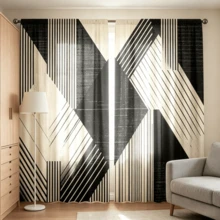 2 pièces Rideaux à lignes géométriques contrastées noir & beige, rideaux imprimés unilatéraux de style minimaliste moderne, rideaux à impression plate 2D, translucides, avec poche pour tringle, sans doublure, rideaux géométriques, décoration de fenêtre pour salon, chambre, bureau, rideaux uniquement, sans accessoires - Multicolore - Voir 7