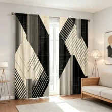 2 pièces Rideaux à lignes géométriques contrastées noir & beige, rideaux imprimés unilatéraux de style minimaliste moderne, rideaux à impression plate 2D, translucides, avec poche pour tringle, sans doublure, rideaux géométriques, décoration de fenêtre pour salon, chambre, bureau, rideaux uniquement, sans accessoires - Multicolore - Voir 1