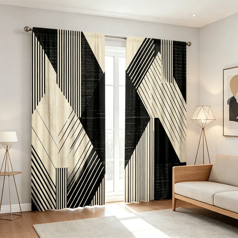 2 pièces Rideaux à lignes géométriques contrastées noir & beige, rideaux imprimés unilatéraux de style minimaliste moderne, rideaux à impression plate 2D, translucides, avec poche pour tringle, sans doublure, rideaux géométriques, décoration de fenêtre pour salon, chambre, bureau, rideaux uniquement, sans accessoires - Multicolore - Voir 1