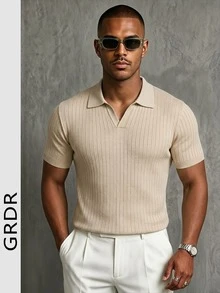 GRDR Suéter de punto de manga corta con cuello polo de unicolor para hombre, adecuado para salidas de verano, esencial para un estilo de moda - Albaricoque - Ver 2
