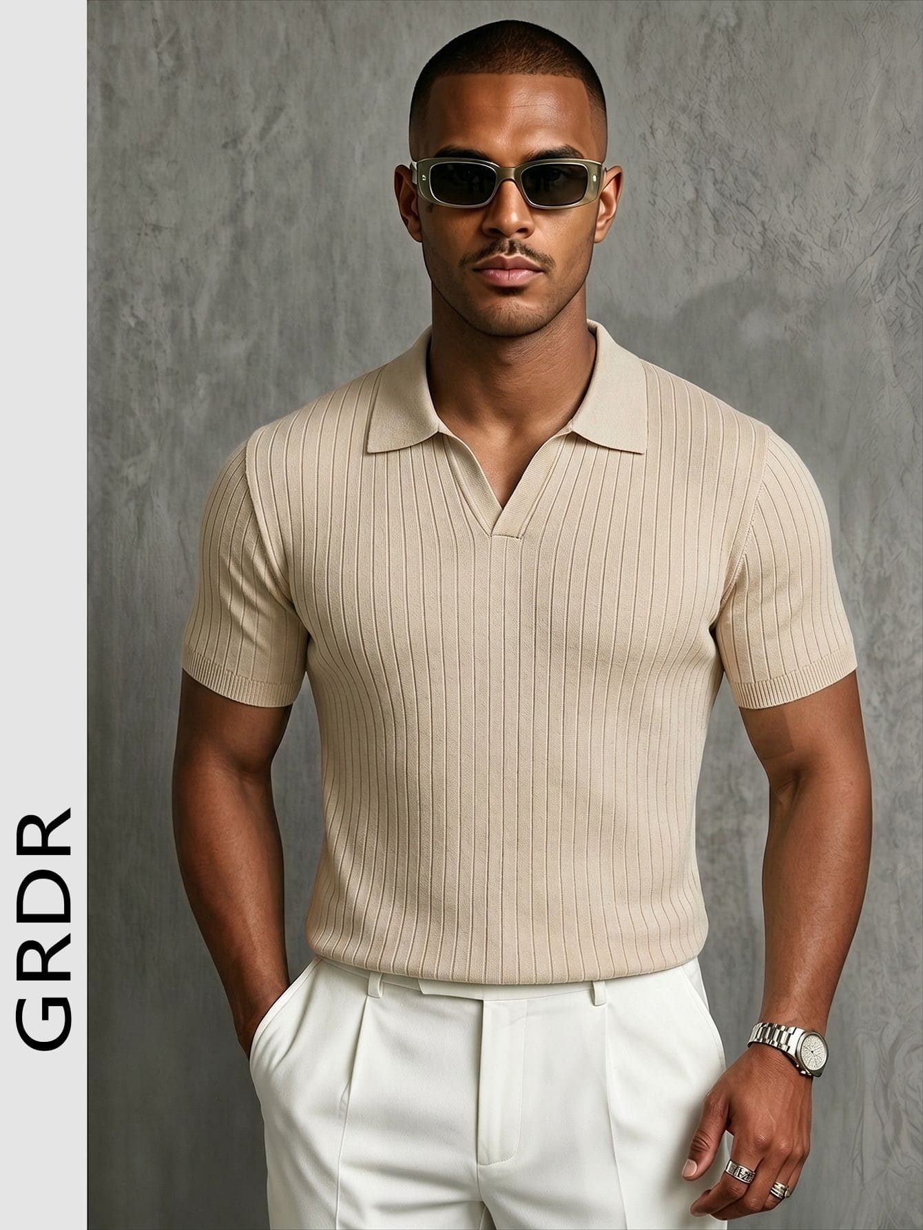 GRDR Suéter de punto de manga corta con cuello polo de unicolor para hombre, adecuado para salidas de verano, esencial para un estilo de moda