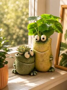1pc Pastoral European Style Double Frog Funny Expression Flowerpot, Synthetic Resin Frog Planter Ornament, Cute Animal Pattern Garden Yard Home Decor, Detailed Freestanding Pot Decoration, 15.8cm*13cm, Valentine Easter Halloween Holiday Gift - A - View 8