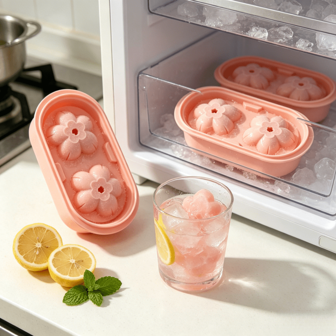 1/2pcs Cute Cherry Blossom Shaped Ice Cube Mold, Pink Cherry Blossom Ice Mold, Leak-Proof Reusable Ice Tray, Creative Ice Making Mold Ice Ball Mold Whiskey Ice Cube Mold, Suitable For Whiskey, Cocktail, Coffee, Beautiful Kitchen Decoration, Perfect For Summer And Party Use