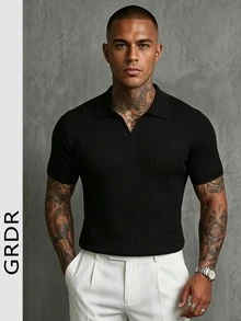 GRDR 男士夏季纯色 Polo 领短袖针织衫，适合夏季外出穿着，时尚造型必备单品 - 黑色 - 查看 4