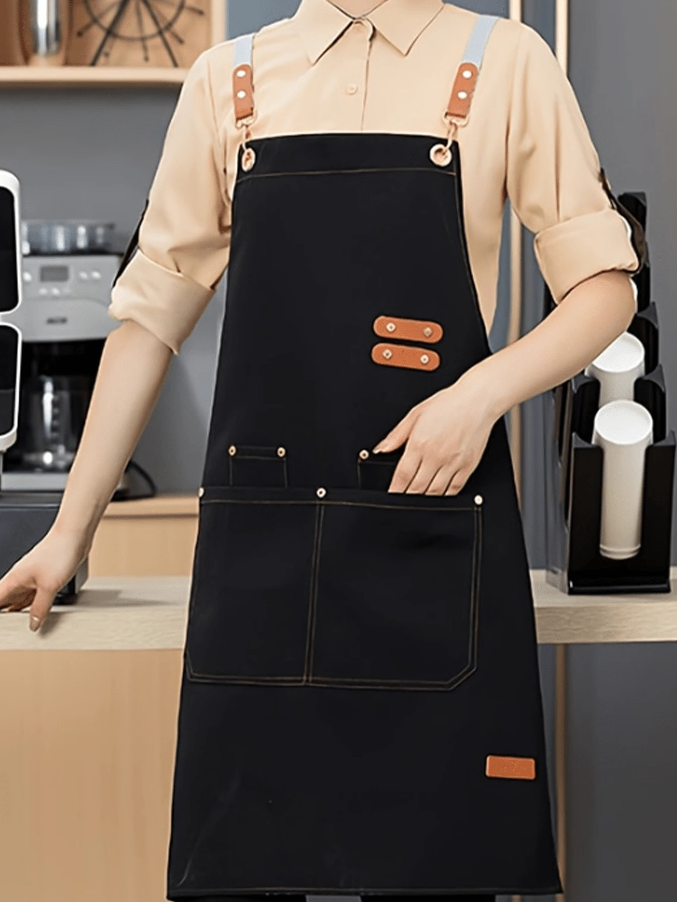 1 pièce Tablier imperméable et résistant à l'huile, conçu pour les femmes et les hommes, avec des poches pratiques - Idéal pour une utilisation dans les supermarchés, les restaurants, les magasins de fruits, les magasins de thé au lait - A - Voir 1
