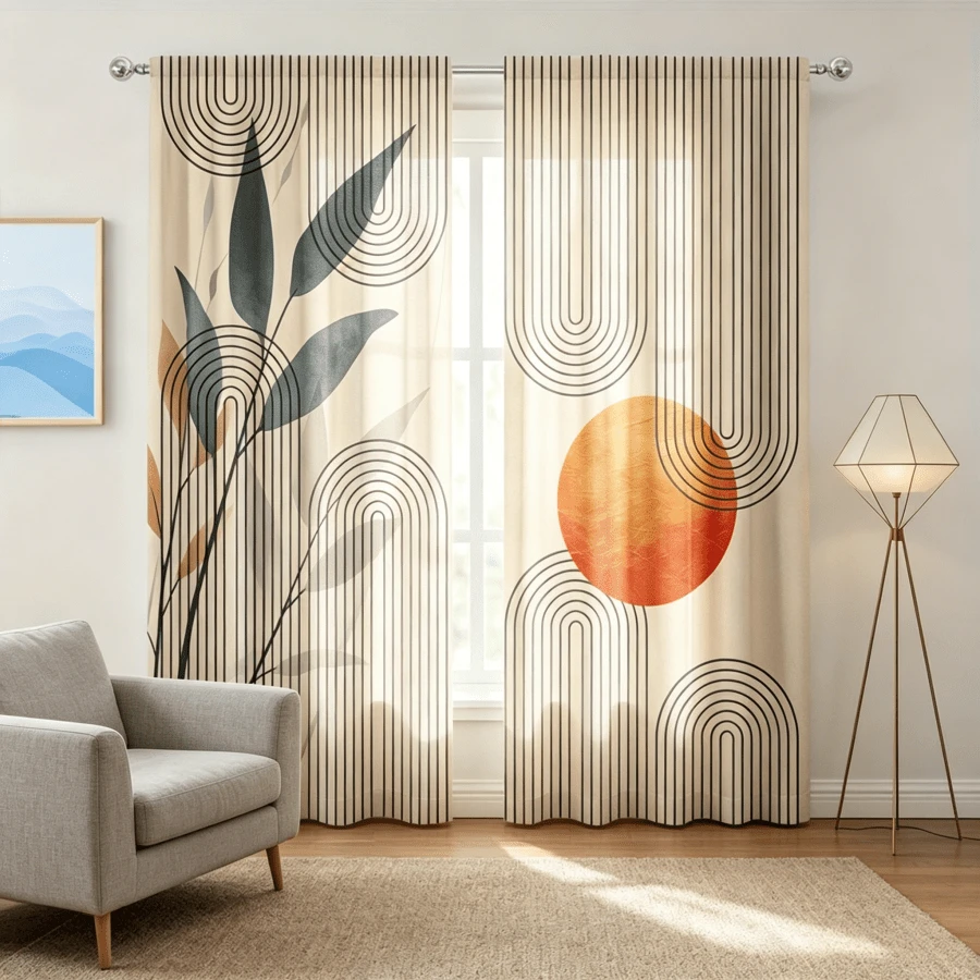 2pcs Wabi-Sabi Style Abstract Curtains, Sun And Black Line Arc, Dark Green Plant Leaf Pattern, 2D Flat Print Design, Translucent, Bedroom Living Room Study Universal Artistic Atmosphere Curtains, Curtains Only, Accessories Not Included - Multicolor - View 1