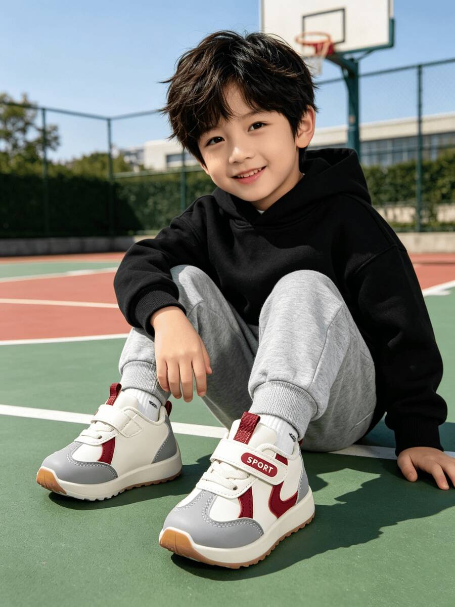 1雙中性幼兒配色字母印花人造皮革復古運動鞋，圓頭低筒四季通用校園戶外鞋（尺寸依鞋墊公分） - 紅色 - 查看 1