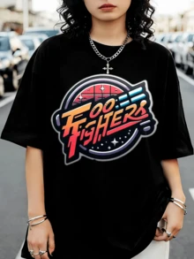 Foo F-FightersS Retro Synthwave Logo Fan Print T-Shirt - Schwarz - Übersicht 1