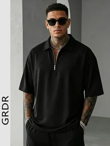 GRDR Men's Summer Half Zip Polo Shirt, Solid Color Classic Short Sleeve Suitable For Outdoor Casual Wear - Black - View 2