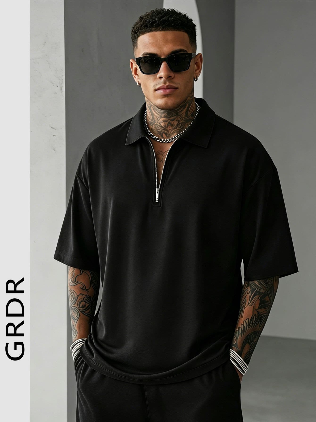 GRDR Men's Summer Half Zip Polo Shirt, Solid Color Classic Short Sleeve Suitable For Outdoor Casual Wear