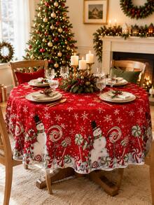 1 pieza - Mantel navideño rojo con patrón de muñeco de nieve, piruleta y copo de nieve, mantel universal impermeable redondo y rectangular, decoración de mesa para cena navideña en interiores, accesorio de decoración festiva para hogar, cocina y restaurante - Multicolor - Ver 8
