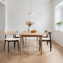 Mid-Century Modern Cotton Linen Dining Chairs Set Of 4, Ergonomic Upholstered Side Chairs With Soft Cushions, Solid Wood Legs, 300lbs Weight Capacity, Comfort Padded Dining Chairs For Kitchen Dining Room Living Room,Beige - 米色 - 查看 3