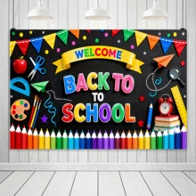 1pc Back To School Theme Banner, Colorful Pencil & Star Design, Classroom Office Wall Decor, Home Party Banner, Photography Backdrop, First Day Of School Photo Booth Prop, School Party Supplies - A - View 2