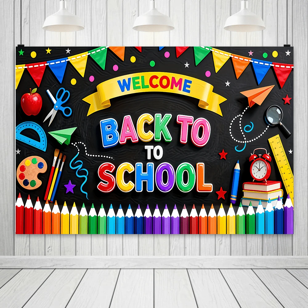 1pc Back To School Theme Banner, Colorful Pencil & Star Design, Classroom Office Wall Decor, Home Party Banner, Photography Backdrop, First Day Of School Photo Booth Prop, School Party Supplies