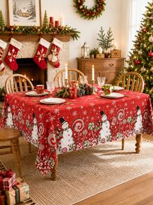 1 pieza - Mantel navideño rojo con patrón de muñeco de nieve, piruleta y copo de nieve, mantel universal impermeable redondo y rectangular, decoración de mesa para cena navideña en interiores, accesorio de decoración festiva para hogar, cocina y restaurante - Multicolor - Ver 2