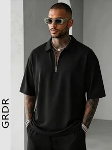 GRDR Men's Summer Half Zip Polo Shirt, Solid Color Classic Short Sleeve Suitable For Outdoor Casual Wear - Black - View 4